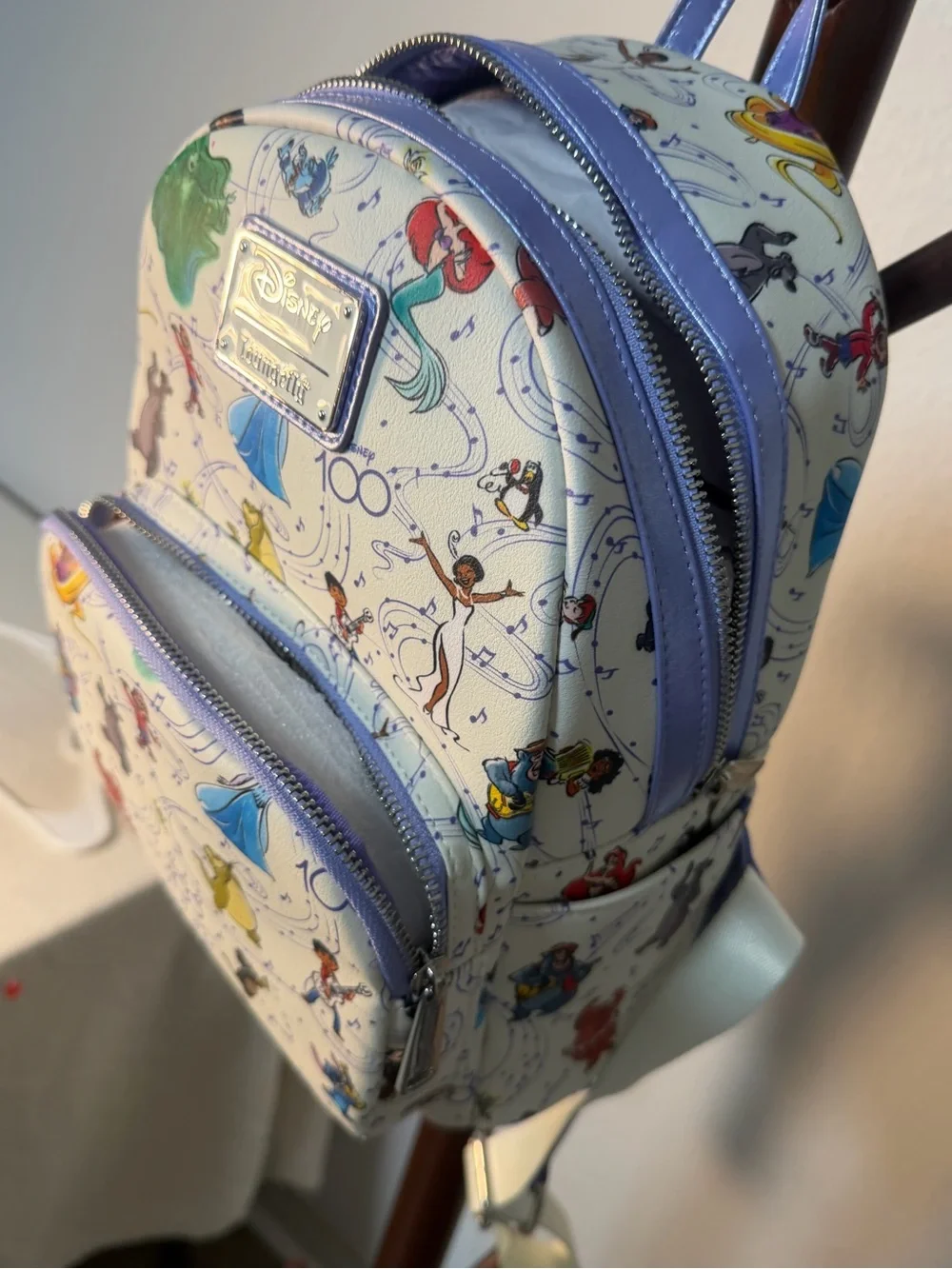 Disney Loungefly Kids Cream Disney 100 Characters Mini Backpack with Purple Trim